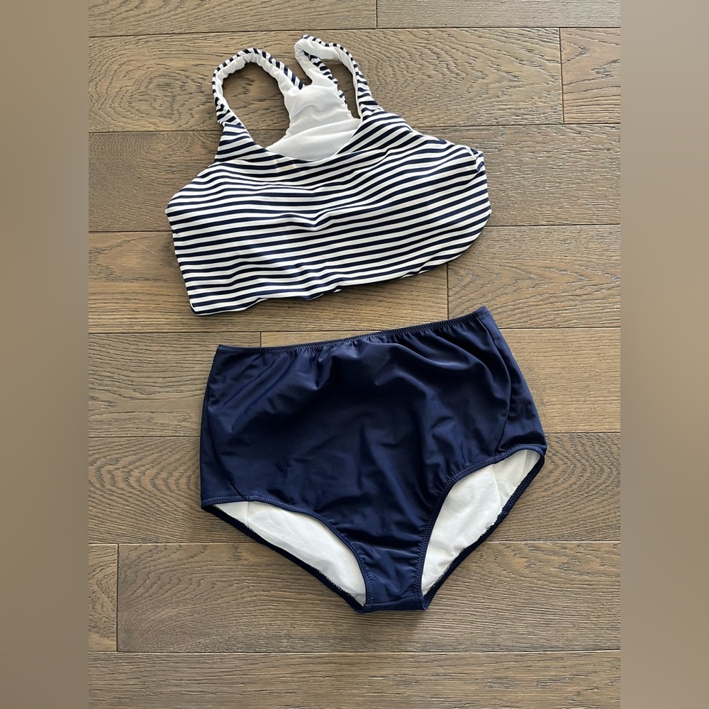 High waited navy and striped 2 piece swimsuit size m